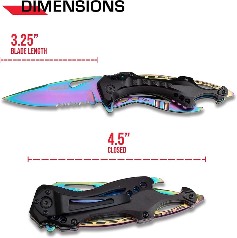 Tac-Force Folding Pocket Knife, 3.25-inch Serrated Rainbow Blade, Black Aluminum Handle, 7.75-inch Overall Length TF-705RB - Image 2